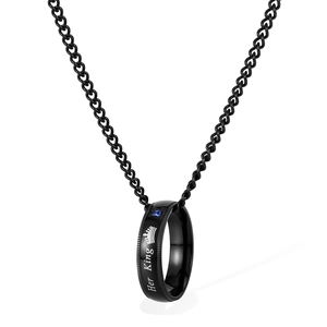 Black stainless steel Her King crown ring necklace with blue sapphire zircon