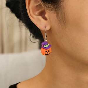 Halloween pumpkin earrings with purple wizard hats on stainless steel hooks for women