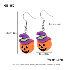 Detail view of pumpkin wizard hat earrings showing dimensions and stainless steel hooks