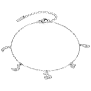 Edelstahl Fußkette mit Mond Stern und Kirsch Anhängern an einer silbernen Gliederkette