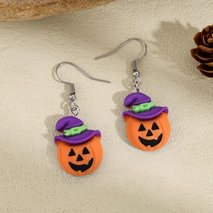 Halloween pumpkin with purple wizard hat stainless steel hook earrings on stone background