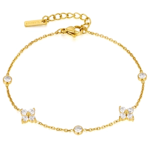 Elegant gold stainless steel bracelet with clover motifs and zircon stones on white background