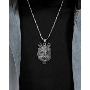 Punkrock wolfskop hanger ketting voor heren met tarweketting in vintage zilveren afwerking
