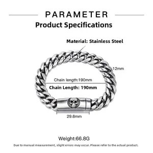 Detaillierte Maßangaben für das Edelstahl Totenkopf-Panzerarmband mit 12mm Kettenbreite