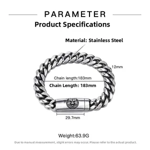 Herren 12mm Edelstahl-Panzerarmband mit Löwenkopf-Prägung und Maßen im Detail