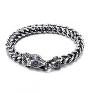 Men's retro dark snake head stainless steel bracelet with blue eye gemstone in silver