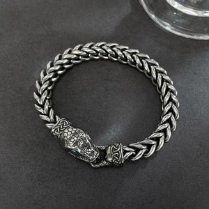 Men's punk snake head stainless steel bracelet with vintage weave chain and green eyes