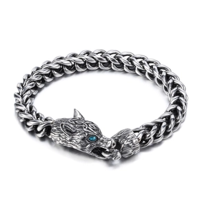 Punk vintage stainless steel wolf head bracelet with blue stone eyes and wheat chain link