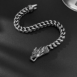 Nahaufnahme von Drachenkopf-Verschluss und grober Panzerkette im antiken Silber-Look