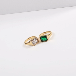 Emerald Cut Zircon Stainless Steel Ring 18K Gold Plated Rectangle Gemstone Minimalist Retro Ring For Women Men Jewelry