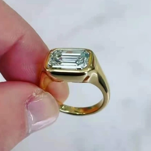 18k gold plated stainless steel ring with emerald cut green zircon stone in bezel setting