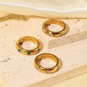 Polished 18K gold stainless steel rings set with green, white and pink zircon stones