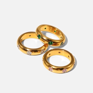 Three-piece 18K gold stainless steel ring set with green, pink, and white zircon stones