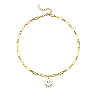 Golden stainless steel paperclip link chain necklace with minimalist smiley face pendant