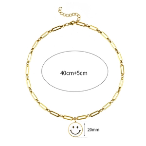 Detailed size view of a gold paperclip chain necklace with a 20mm white enamel smiley pendant