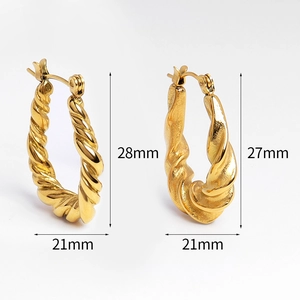 Twisted spiral gold drop earrings in two sizes made of polished stainless steel for women