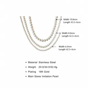 Size chart for stainless steel pearl necklace with 6mm 8mm 10mm bead diameter details