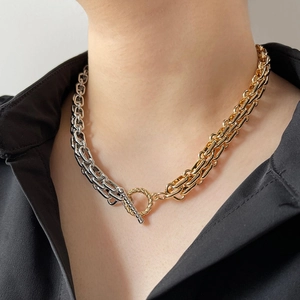 Cooler Stil 18K Vergoldetes Zinklegierung Grobe Kette Halskette Armband Set Zweifarbig Gold Silber Knebelverschluss Damen Schmuck