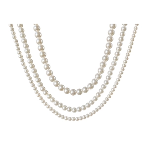 Elegant three-layer cream white pearl necklace with graduated sizes on white background