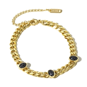 18K vergulde roestvrijstalen Cubaanse schakelarmband met zwarte marmerstenen