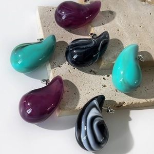 Fashion acrylic teardrop earrings with marble pattern on a natural stone base