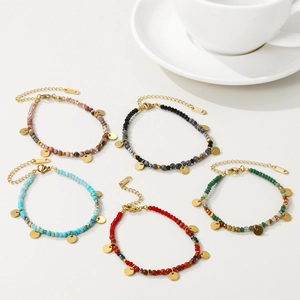 Boheems 18K Verguld Roestvrij Staal Kralen Armband Voor Vrouwen Vintage Gefacetteerde Kralen Ronde Schijf Hanger Verstelbare Armband