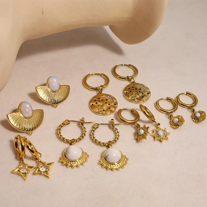 Bohemian gold stainless steel earring set with natural stones and celestial charms