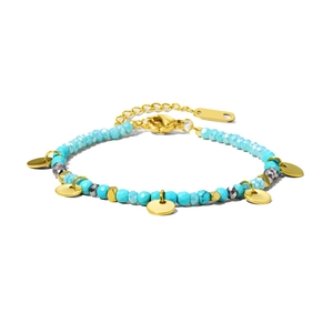 Retro 18K vergulde roestvrijstalen armband met hemelblauwe kralen en ronde bedeltjes