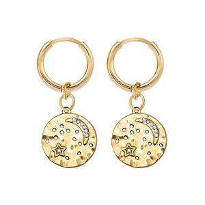 French vintage stainless steel hoop earrings with gold hammer texture and moon star charm