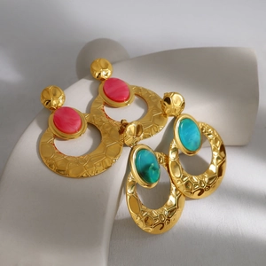 Vintage Gehamerde Roestvrijstalen Grote Oorringen Met Ovale Acryl Edelsteen Voor Dames Boheems Sieraden