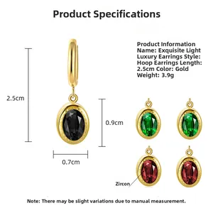 Detailed view of 18K gold plated hoop earrings with zircon pendant dimensions and specs