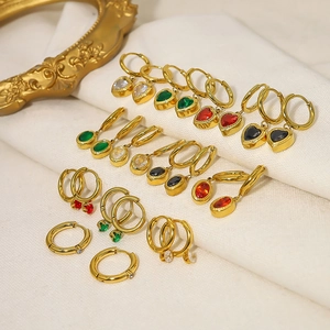 Elegant 18K gold plated hoop earrings with colorful zircon heart and oval pendants