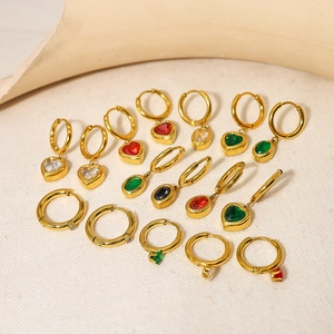 Collection of 18K gold-plated hoop earrings with multi-colored gemstone pendants