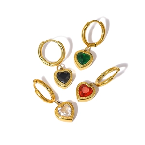 Elegant 18K gold hoop earrings with multi-colored heart-shaped zircon pendants