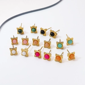 Vintage 18k vergulde vierkante oorknopjes met kleurrijke ronde edelstenen set