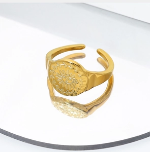 Detail van 18K vergulde titaniumstalen ring met zonnegod embleem en spiegelreflecties