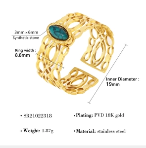 Detailweergave van gouden stalen ring met kunststeen en afmetingen