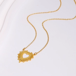 Gold stainless steel sunburst heart pendant necklace with elegant thin O-link chain