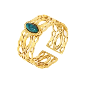 Franse vintage roestvrijstalen ring met holle gravering en een turquoise steen