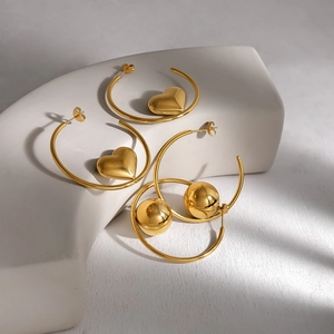 Stainless Steel 18K Gold Plated Heart Ball Hoop Earrings For Women Geometric Ins Style High Polished Jewelry Dangle Earrings