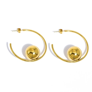 Polished gold stainless steel C-shaped hoop earrings with spherical bead accents