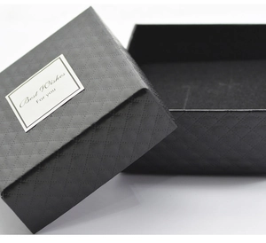 Detail der schwarzen Schmuckschachtel mit Rautenmuster und Best Wishes Etikett
