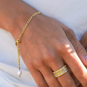 Pulsera Tobillera de Acero Inoxidable 316L Chapada en Oro 18K Con Perla de Agua Dulce Cadena Fígaro Joyería para Mujer