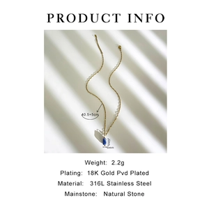 Detail view of 18K gold plated necklace with dimensions of the blue natural stone pendant