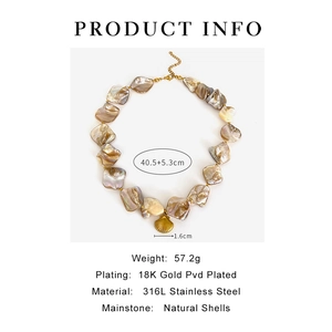 Detailed view of natural shell necklace with 18K gold-plated shell pendant and chain specs