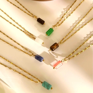 Waterproof stainless steel necklace set with various colorful natural stone pendants