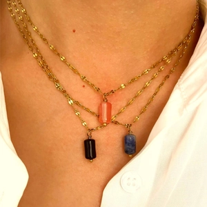 Three-layer gold stainless steel necklace with colorful natural stone bar pendants