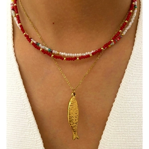 Collar con Colgante de Pez de Acero Inoxidable de Moda para Mujer Diseño de Capas de Cuentas de Acrílico Colorido Joyería