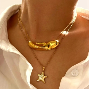 Minimalist 316L Stainless Steel Irregular Star Rhinestone Double Layered Pendant Necklace For Women Gold Plated Fashion Jewelry
