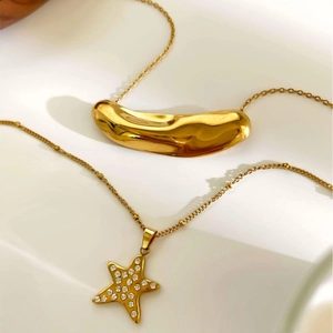 Golden stainless steel pentagram rhinestone necklace and irregular bean pendant